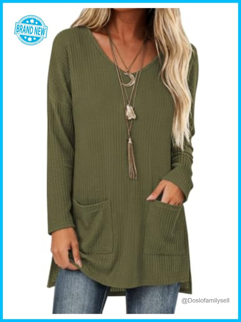 Waffle Knit Tunic Top Loose Fit V-Neck Split Sweater with Pockets